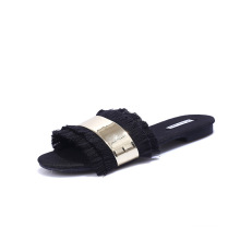 2019 New Arrival One Strap Slide Slippers Pure Color Steel Strap Cotton Insole Slippers Cotton Tassels Strap Beach Slippers